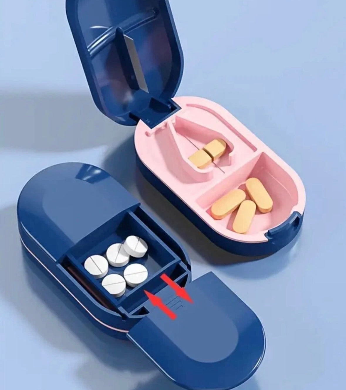 2 in 1 PILL CUTTER Splitter AND Storage Compartment Box Medicine Tablet Holder