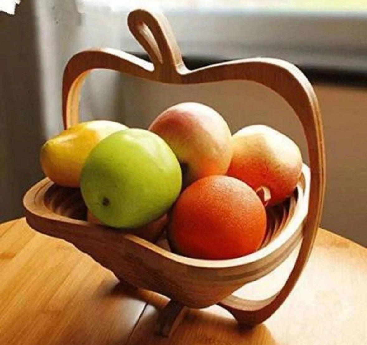 Apple Shaped Collapsible Bamboo Wooden Foldable Fruit Apple Basket Bowl (0324A)
