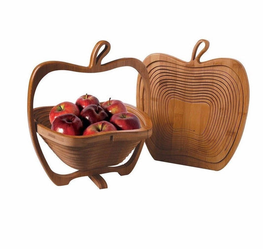 Apple Shaped Collapsible Bamboo Wooden Foldable Fruit Apple Basket Bowl (0324A)