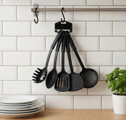 (6 Pcs Set) Plastic Assorted Kitchen Cooking Utensils Black 30 cm (1901)