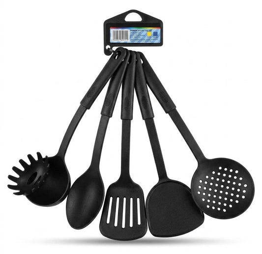 (6 Pcs Set) Plastic Assorted Kitchen Cooking Utensils Black 30 cm (1901)