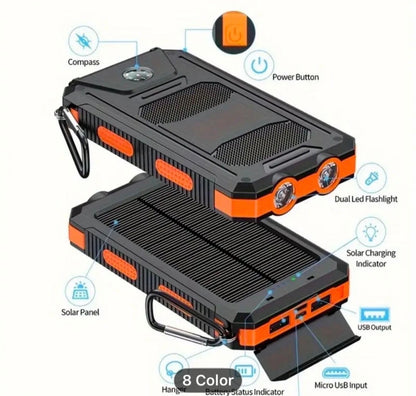 Fast Charging 20000 mAh Solar Power Bank with Dual USB Ports & Flashlights