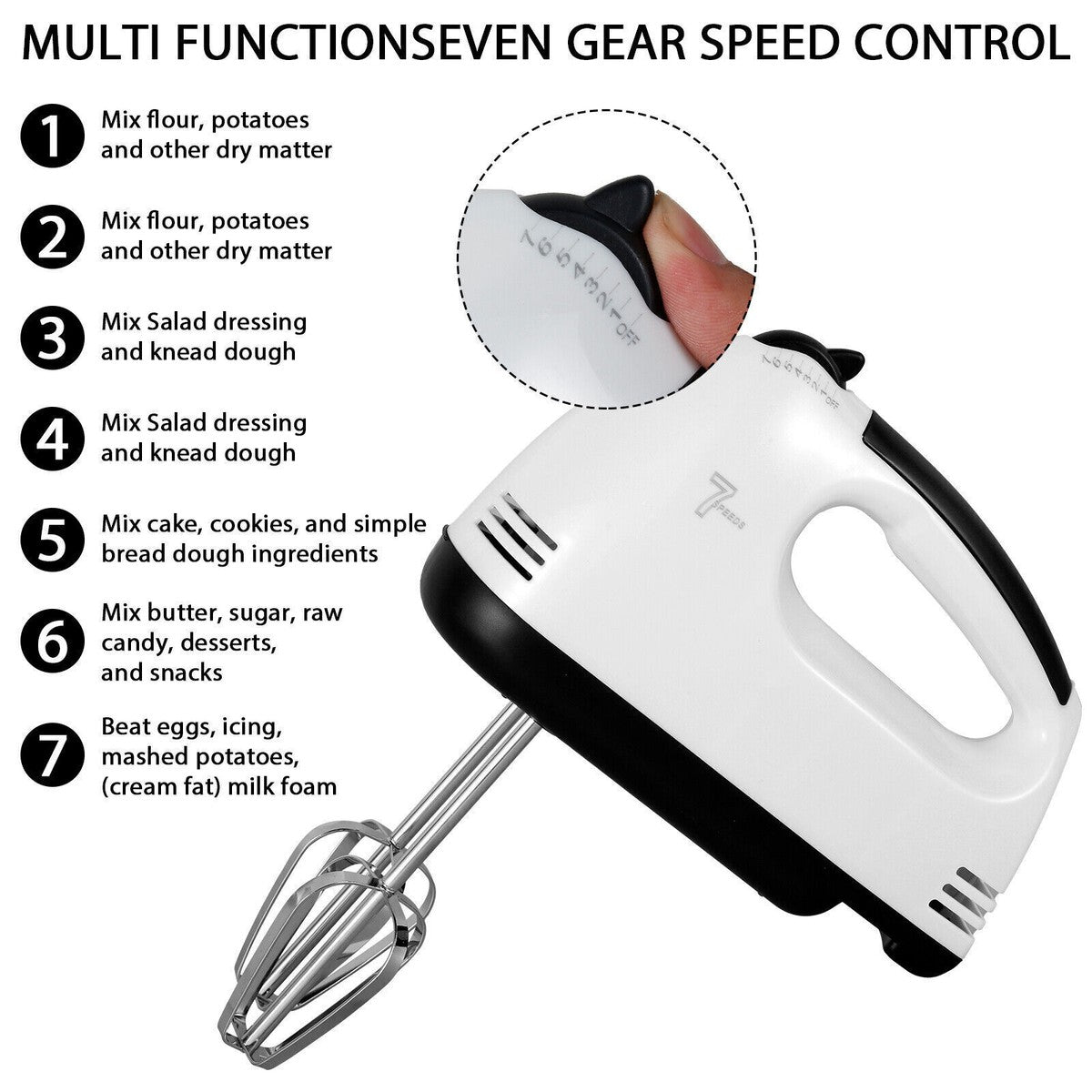 Electric Hand Held Mixer Electronic Handheld Whisk Food Blender Egg Cake 7X Speed